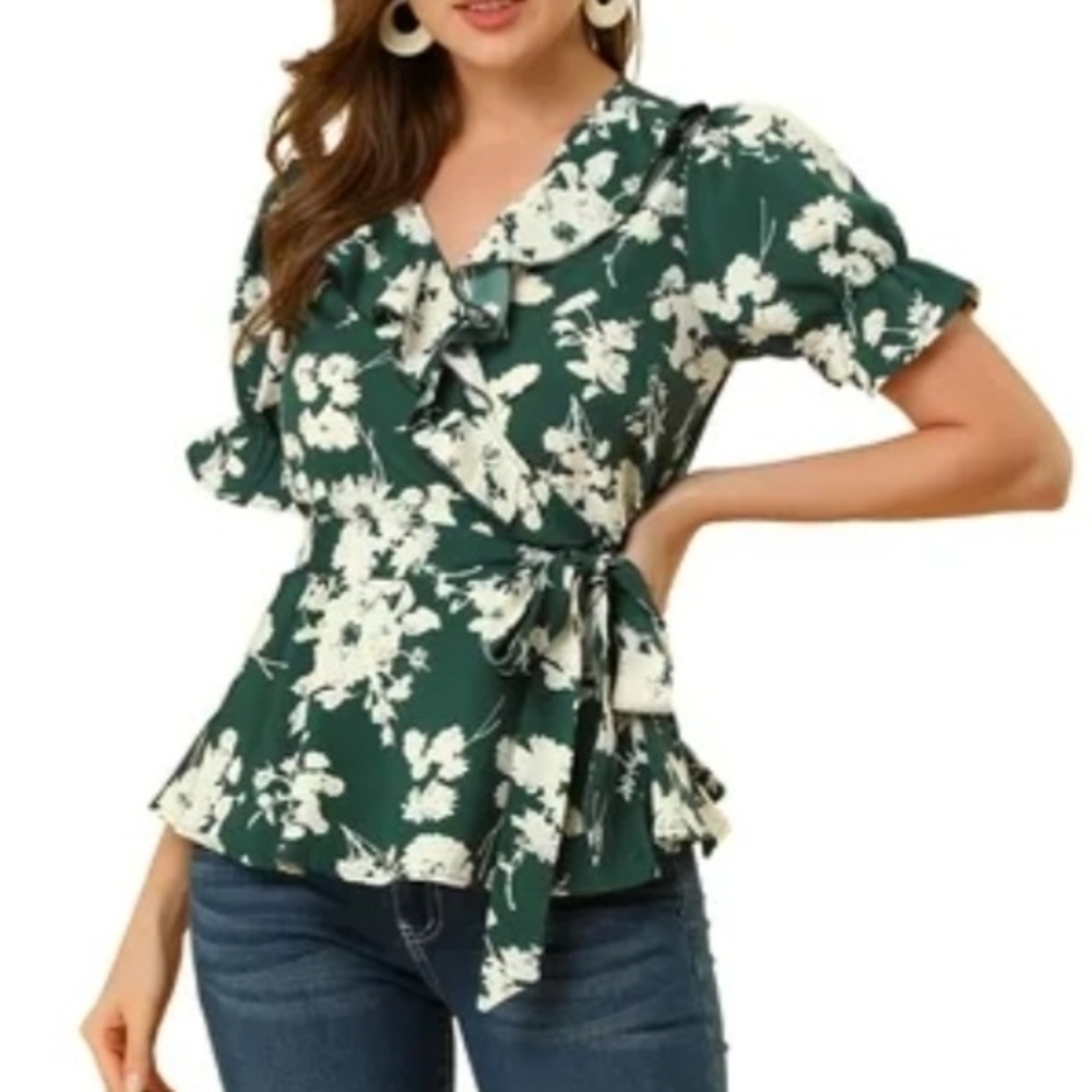 Allegra K Green Ruffled Peplum Blouse with Tie Front